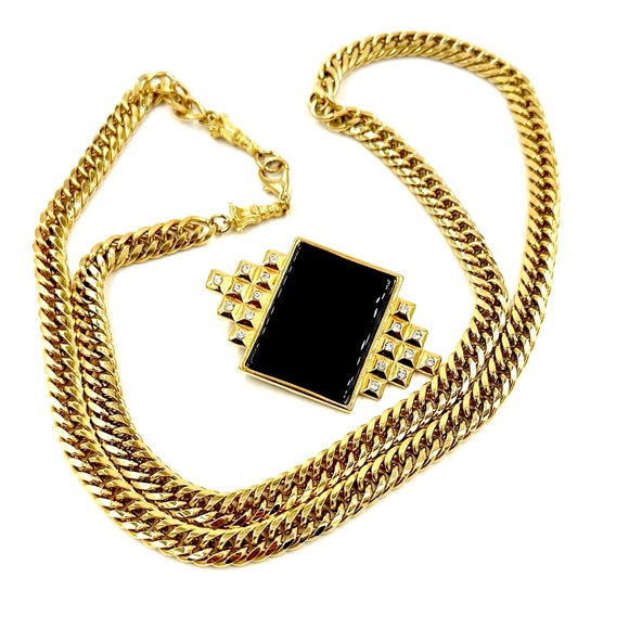 SMB Sandra Miller Burrows Pin Pendant Necklace Gold Tone Black Rhinestones - Picture 2 of 13